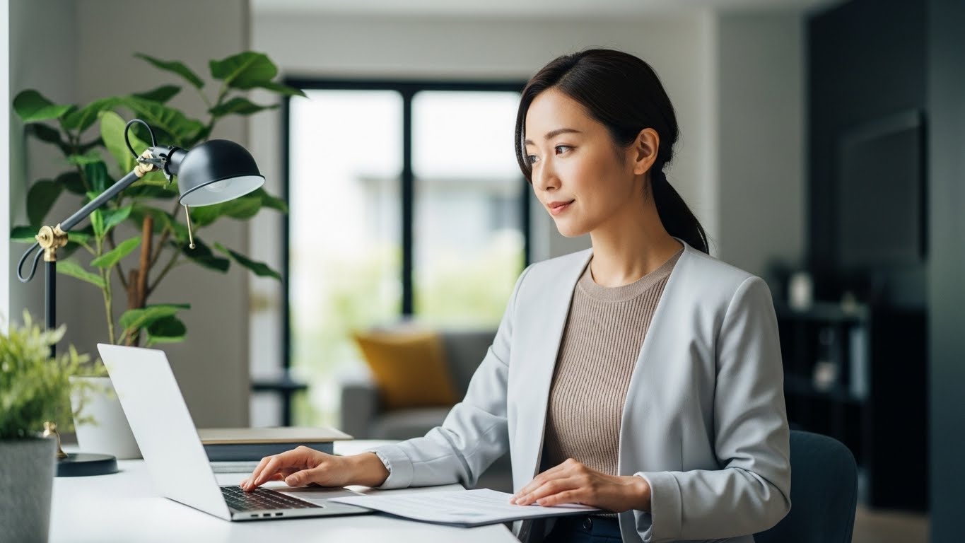 真剣な表情でパソコン画面を見つめ、転職における大切なポイントを熟考する日本人女性。