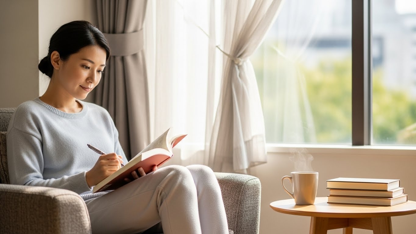 自宅のリラックスした空間で、自分のペースで読書や学習に取り組む日本人女性。
