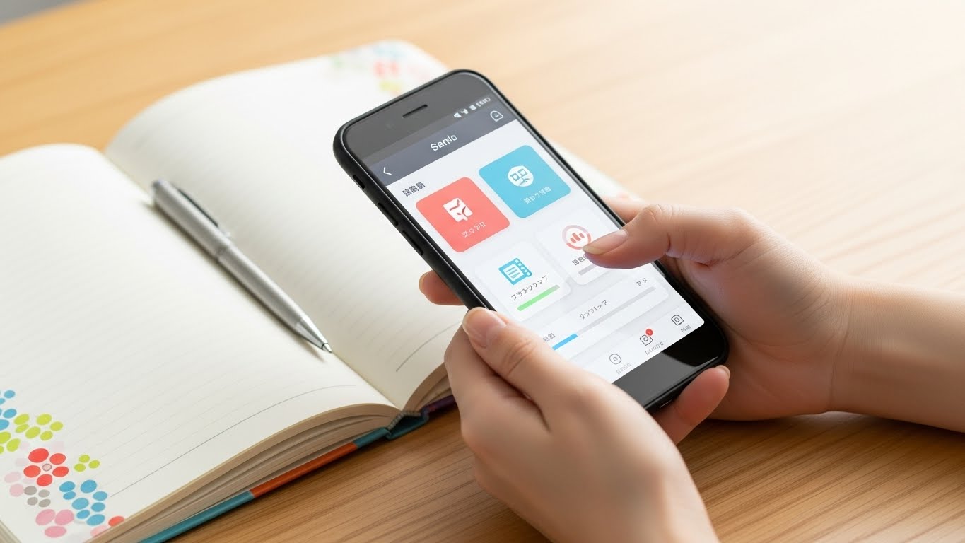 スマホアプリやノートを活用し、日常生活の中で手軽にスキルアップを目指す女性の手元。