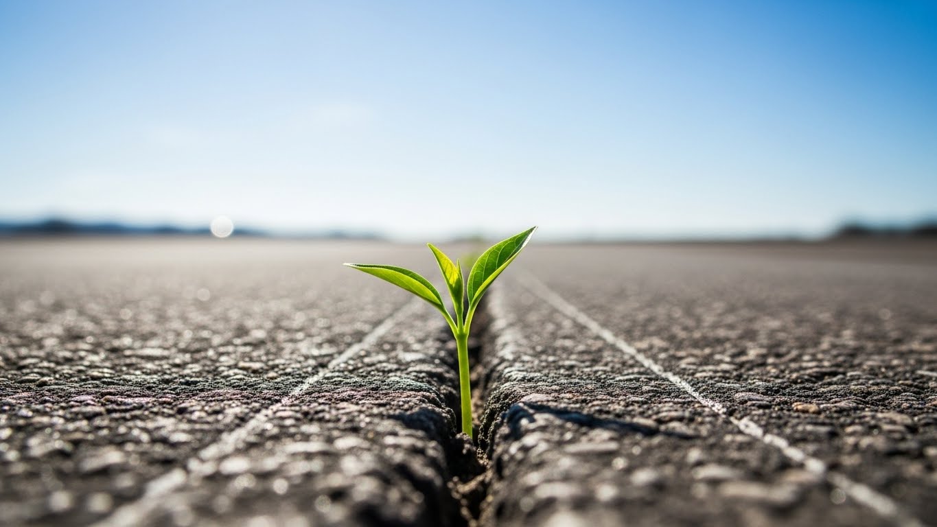 不況という厳しい環境の中でも成長する芽のイメージ