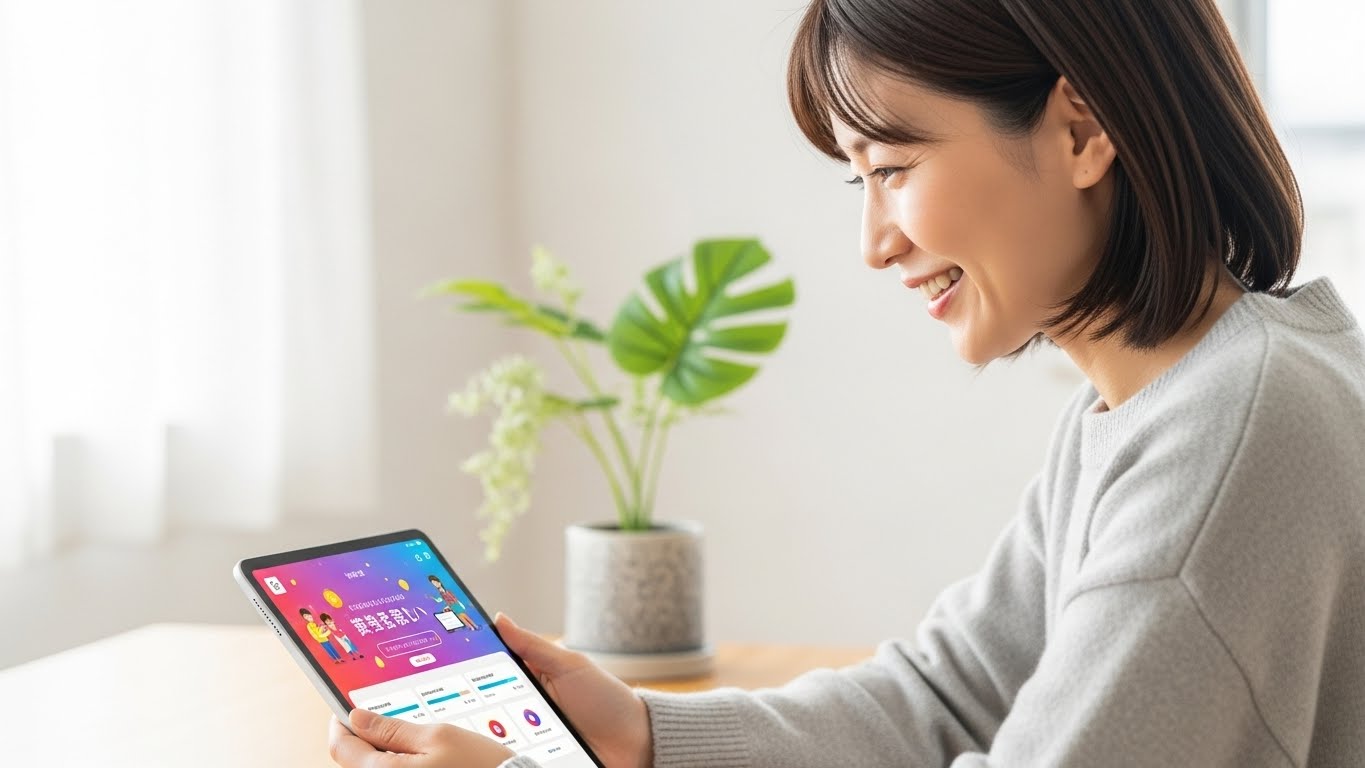 自宅でタブレットを使い、笑顔でオンライン学習に取り組む子育て中の日本人女性。スキルアップがキャリアに繋がるイメージ。