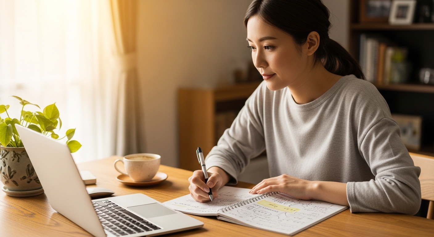 自宅のデスクでノートパソコンを使いながら将来を考える20代の日本人女性。フリーターから正社員への転職準備をする様子。