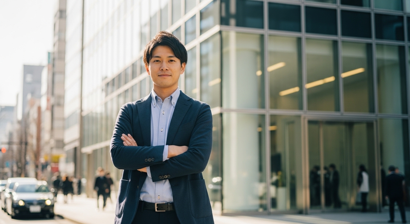 オフィスビルの前に立つ20代の日本人男性。フリーターから正社員へ転職し、安定した将来を目指す若手のイメージ。