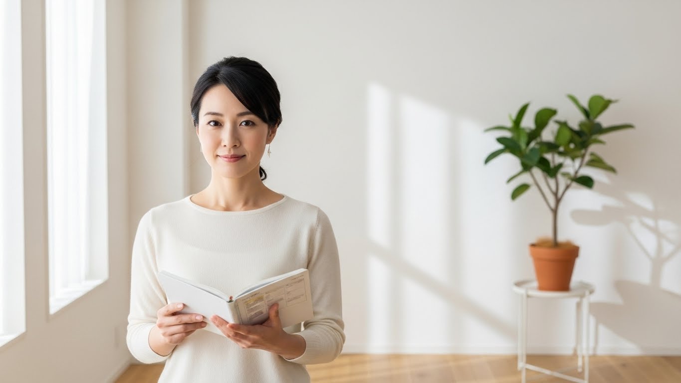手帳を持ち、落ち着いた表情で前を見据える女性。これからの軸を整理し決意した姿