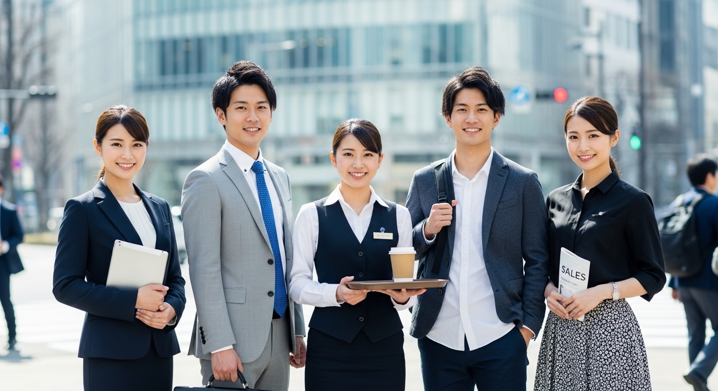 複数の20代日本人若手社会人が並んで立つ様子。フリーターから正社員への転職で選べる職種の多さを表現したイメージ。