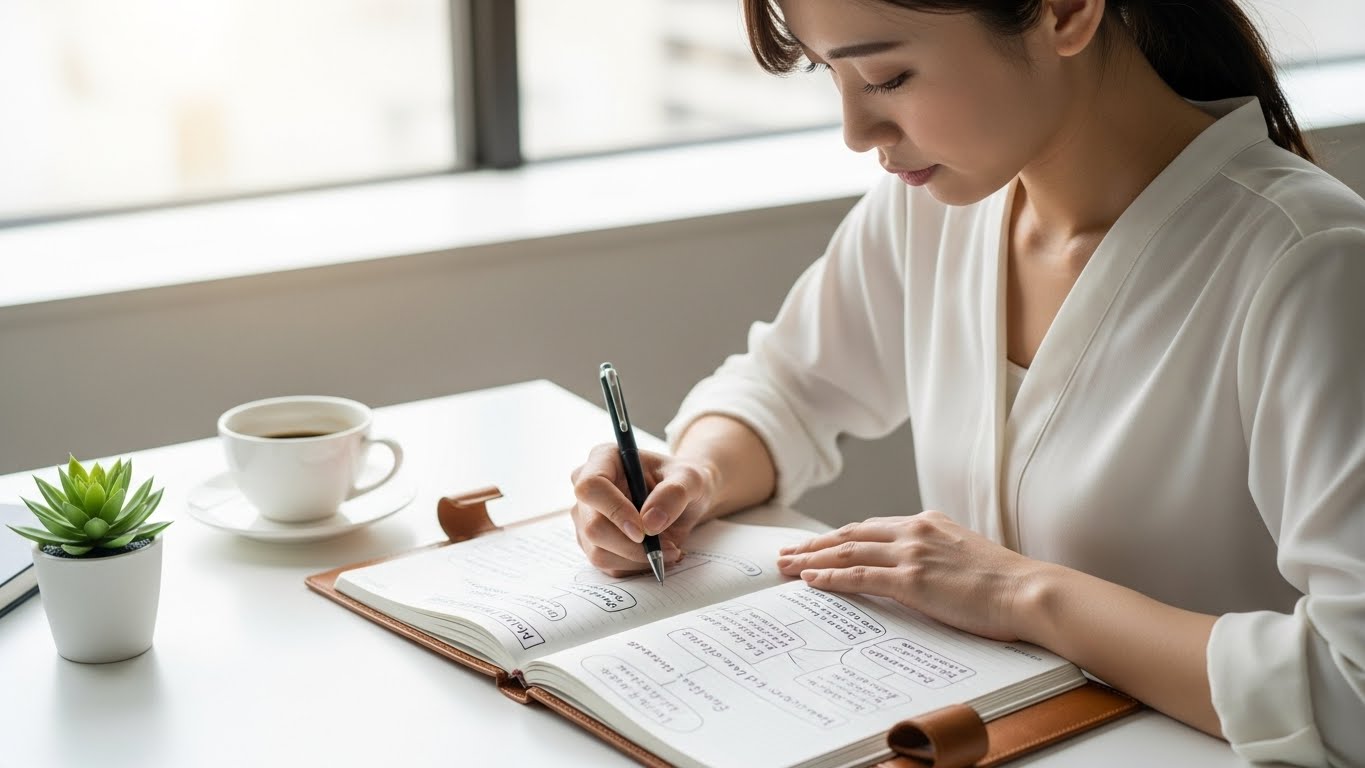 転職成功の秘訣としてスキルの棚卸を行う若手社会人のイメージ