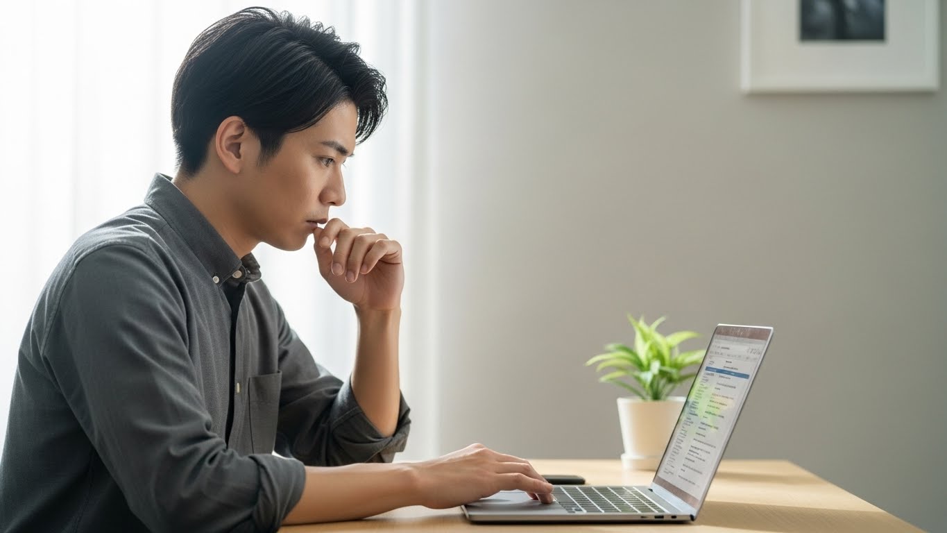 転職について悩みながらパソコンを見つめる若手社会人の様子