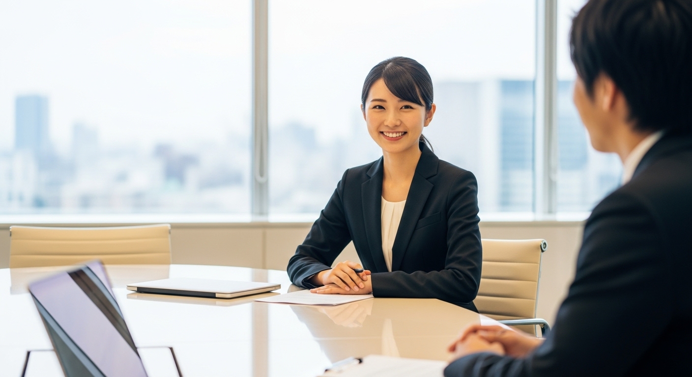オフィスで面接を受ける20代の日本人女性。フリーターから正社員への転職面接で前向きに受け答えする様子。