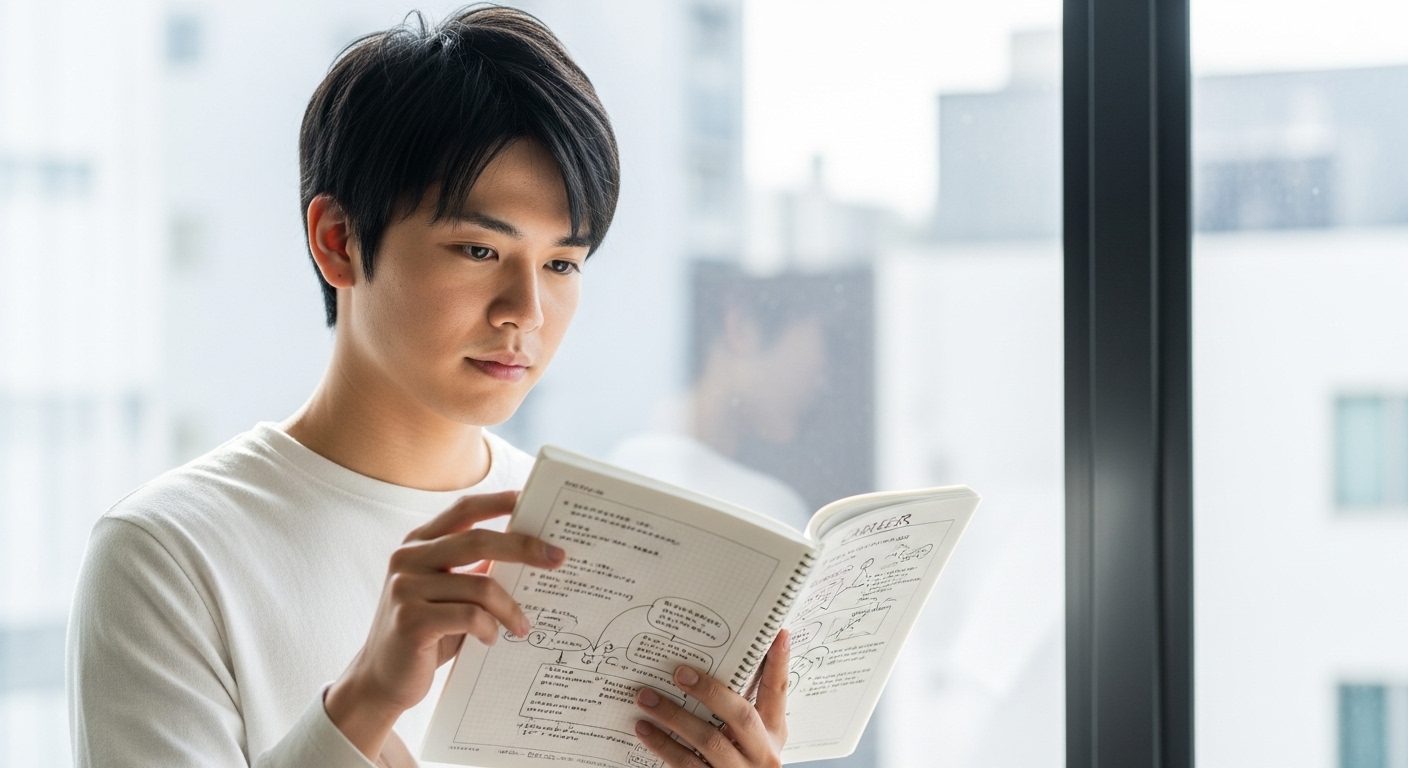 ノートを見ながら考え込む20代の日本人男性。フリーターから正社員への転職に向けて職種選びをしている場面。