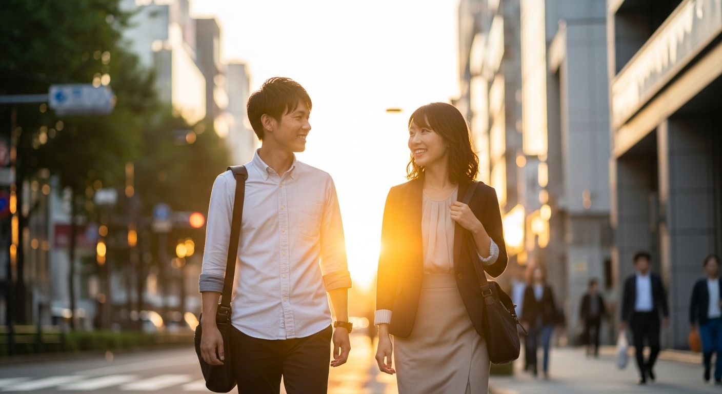 朝の街を前向きに歩く20代の日本人男女。フリーターから正社員へ転職し、新しい未来へ進む若手を象徴するイメージ。