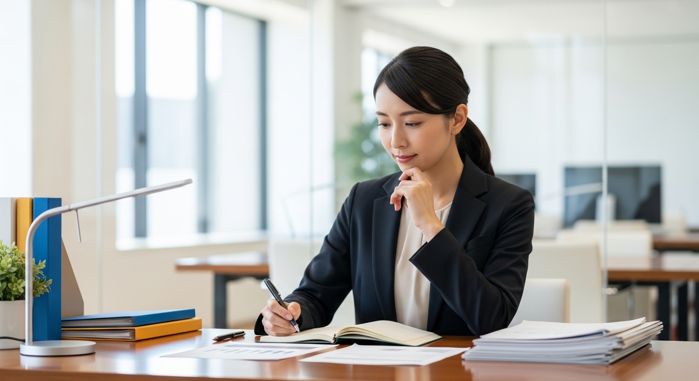 自分の経歴を整理し、落ち着いて論理的に説明する準備が整った様子の女性。