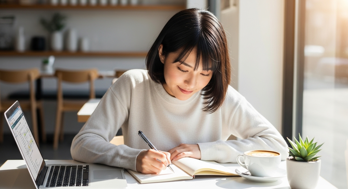 カフェでメモを取りながら、これからの計画を前向きに整理する日本人の女性。
