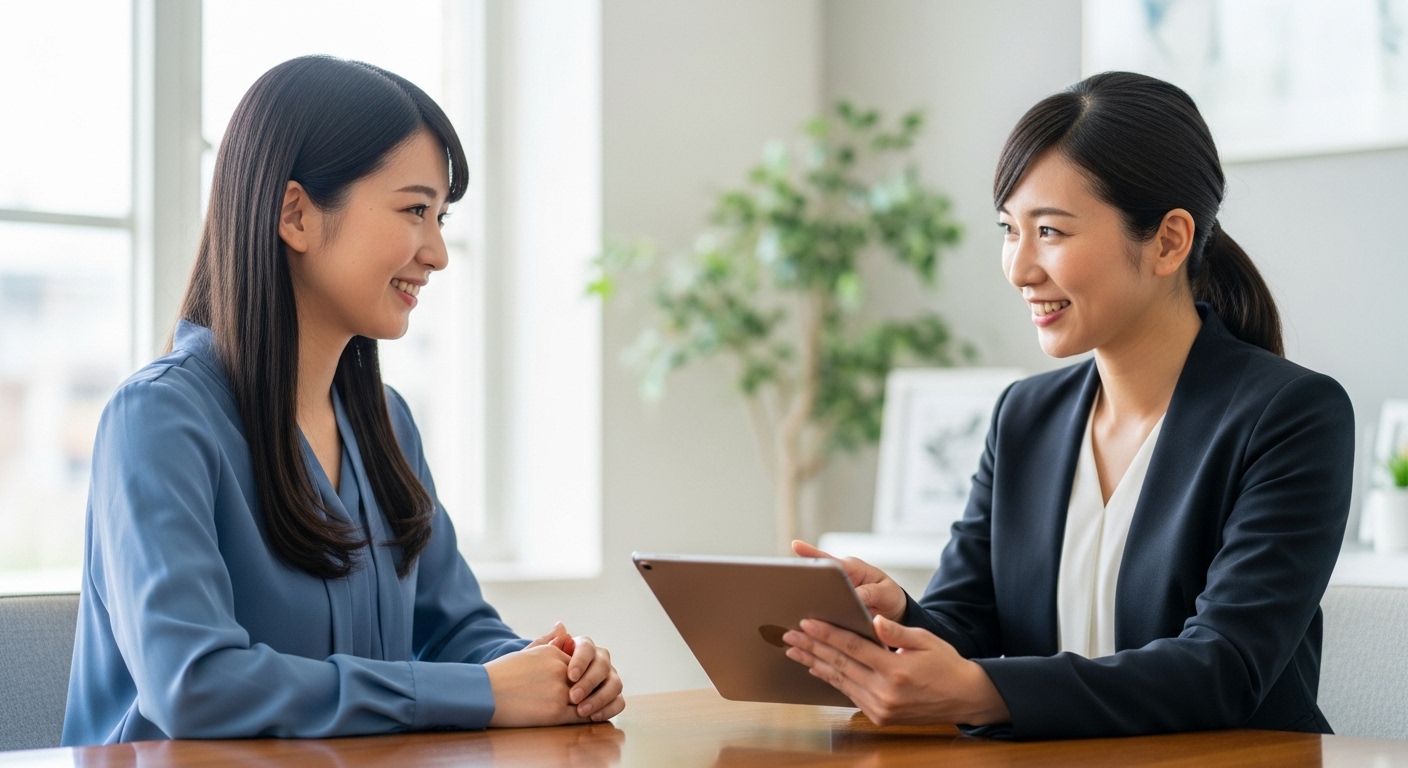 キャリアアドバイザーから優しくアドバイスを受け、安心した表情を見せる女性。