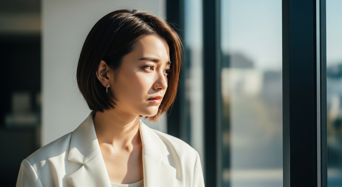 窓際で少し考え事をする、就業ブランクに悩む日本人の若手女性。