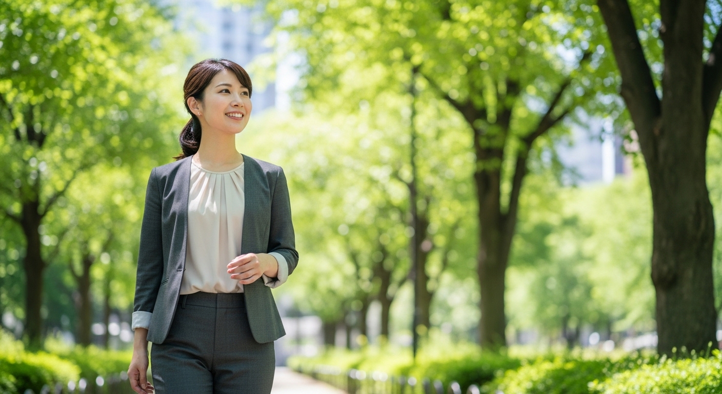 街中を颯爽と歩き、ポテンシャルを感じさせる明るい表情の日本人の若者。
