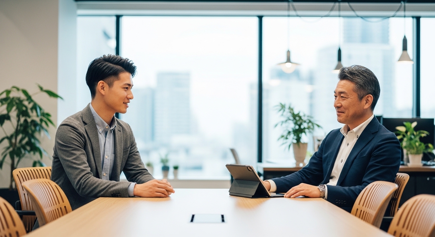 未経験で営業職に挑戦し、先輩社員から学ぶ若手社会人の様子