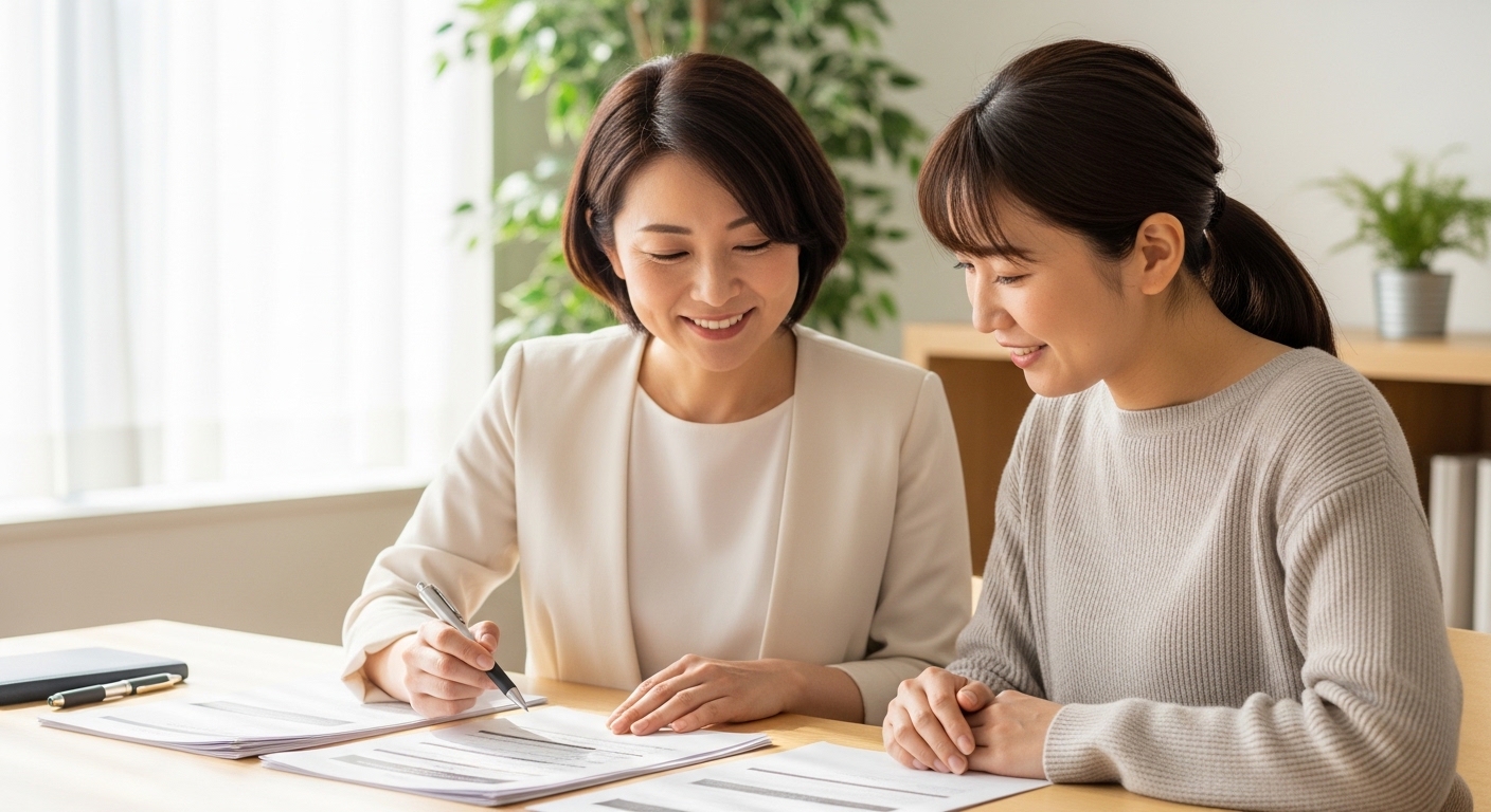 転職エージェントと並んで書類を確認する子育てママ。若手転職のススメのサポートイメージ。