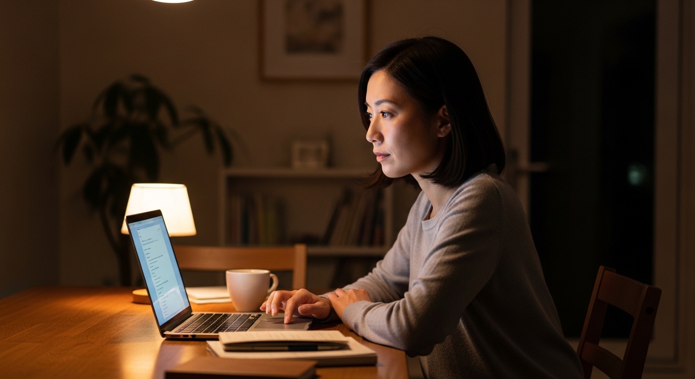 夜の自宅でパソコンを見つめながら転職を考える子育てママの様子。女性の転職に悩むリアルな場面。