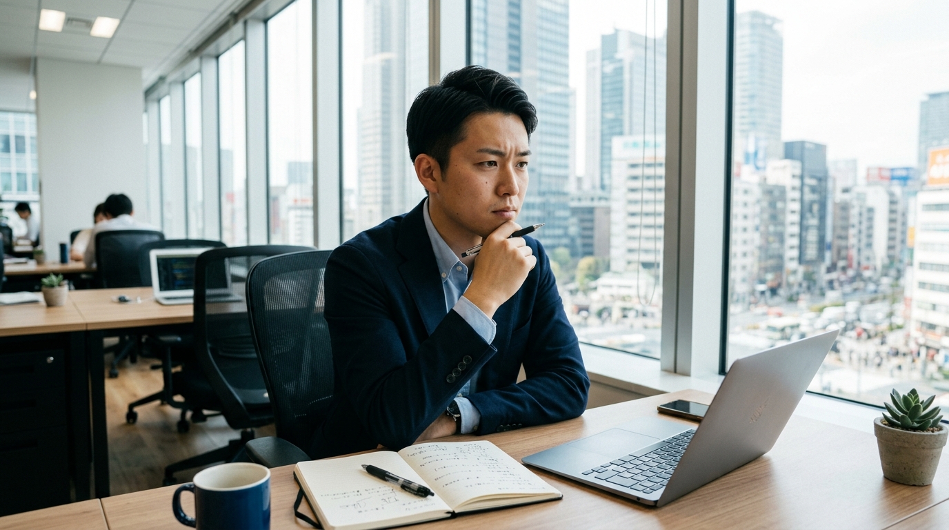 初めての転職で人材コーディネーターの仕事が難しいか悩む若手社会人の様子。