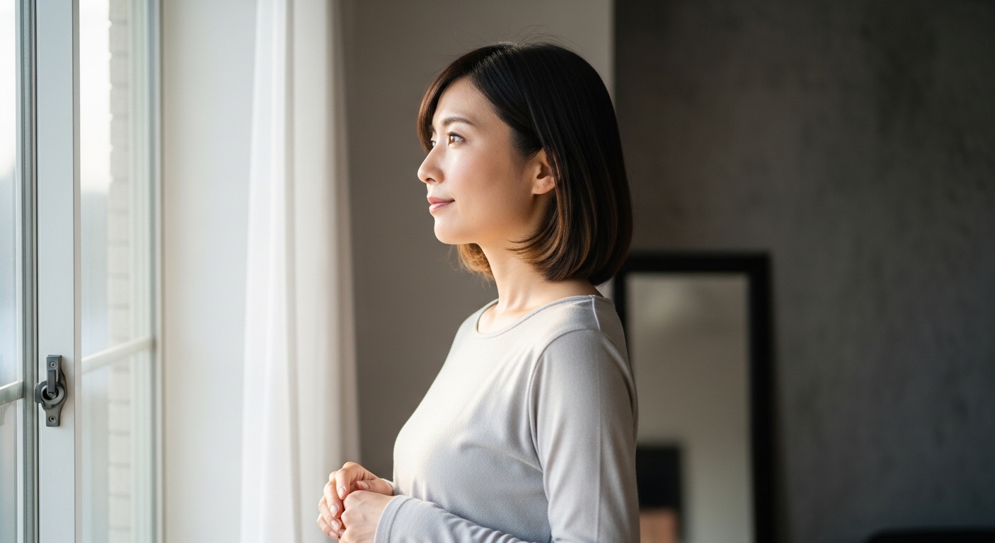 朝の光の中で将来を見つめ静かに決意する20代女性のイメージ