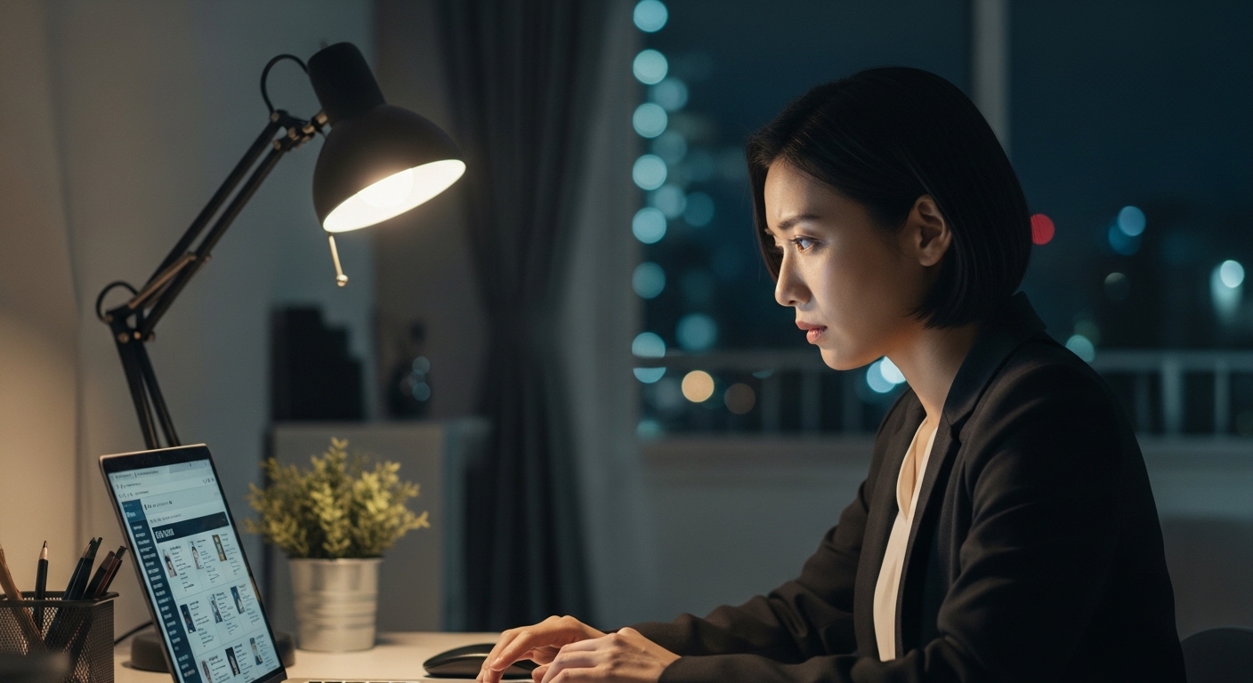 夜の自宅でパソコンを見ながら転職活動がうまくいかないことに悩む20代社会人のイメージ