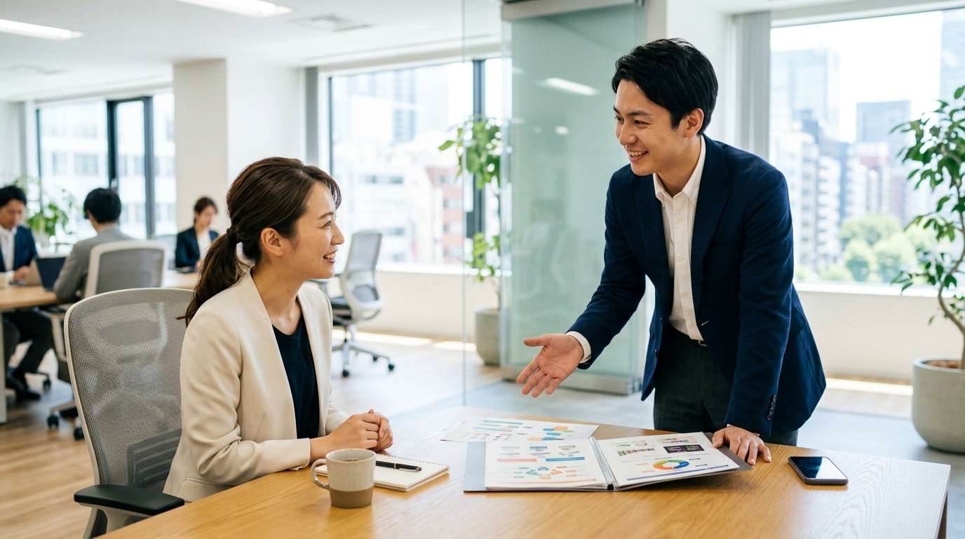 若手転職のススメのキャリア相談をイメージした明るいオフィスでの打ち合わせ風景。