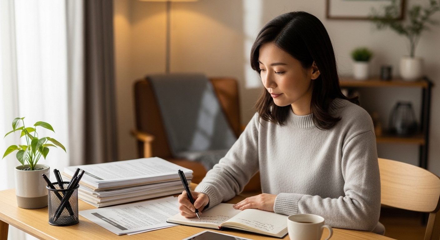 机で書類を確認しながら転職の優先順位を整理する女性。子育てママの転職計画イメージ。