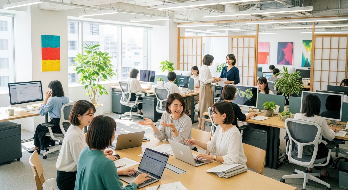 明るいオフィスで働く女性社員の様子。女性の転職市場の広がりを象徴するシーン。