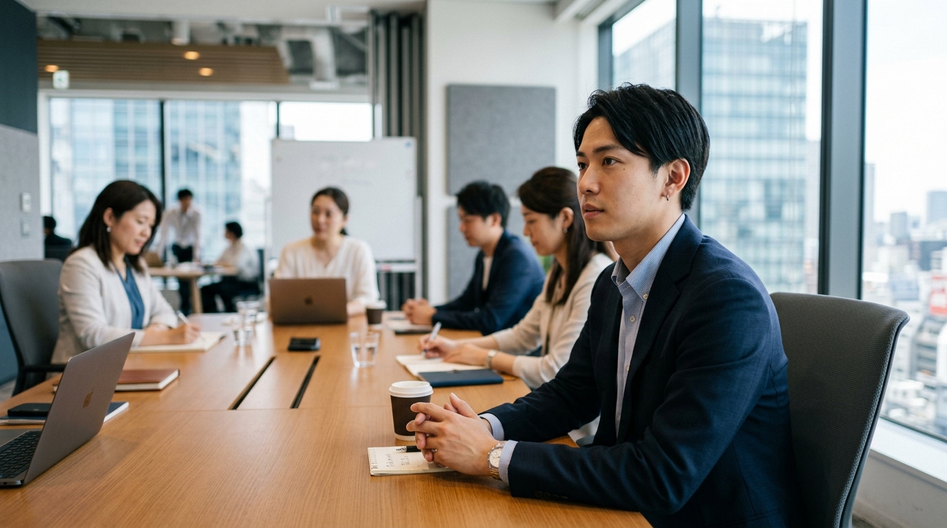会議で真剣に話を聞く若手社会人。人材コーディネーターに向いている人のイメージ。