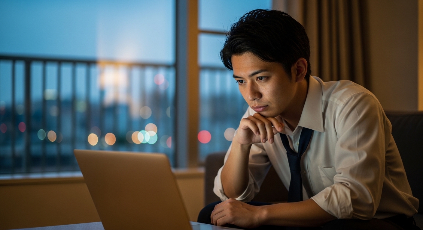 仕事帰りの夜に自宅で転職活動をする20代社会人の様子