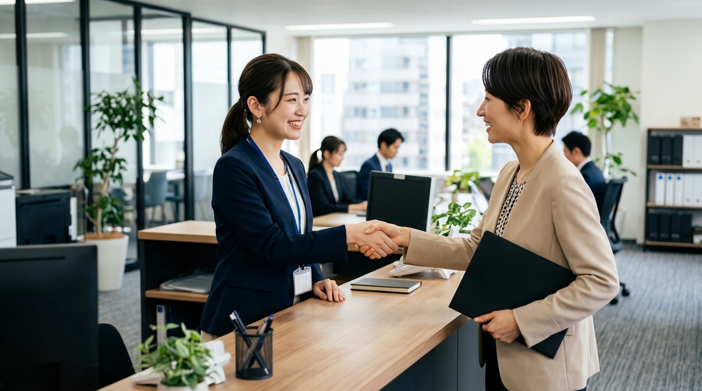 求職者と握手を交わす人材コーディネーター。やりがいを感じる瞬間のイメージ。
