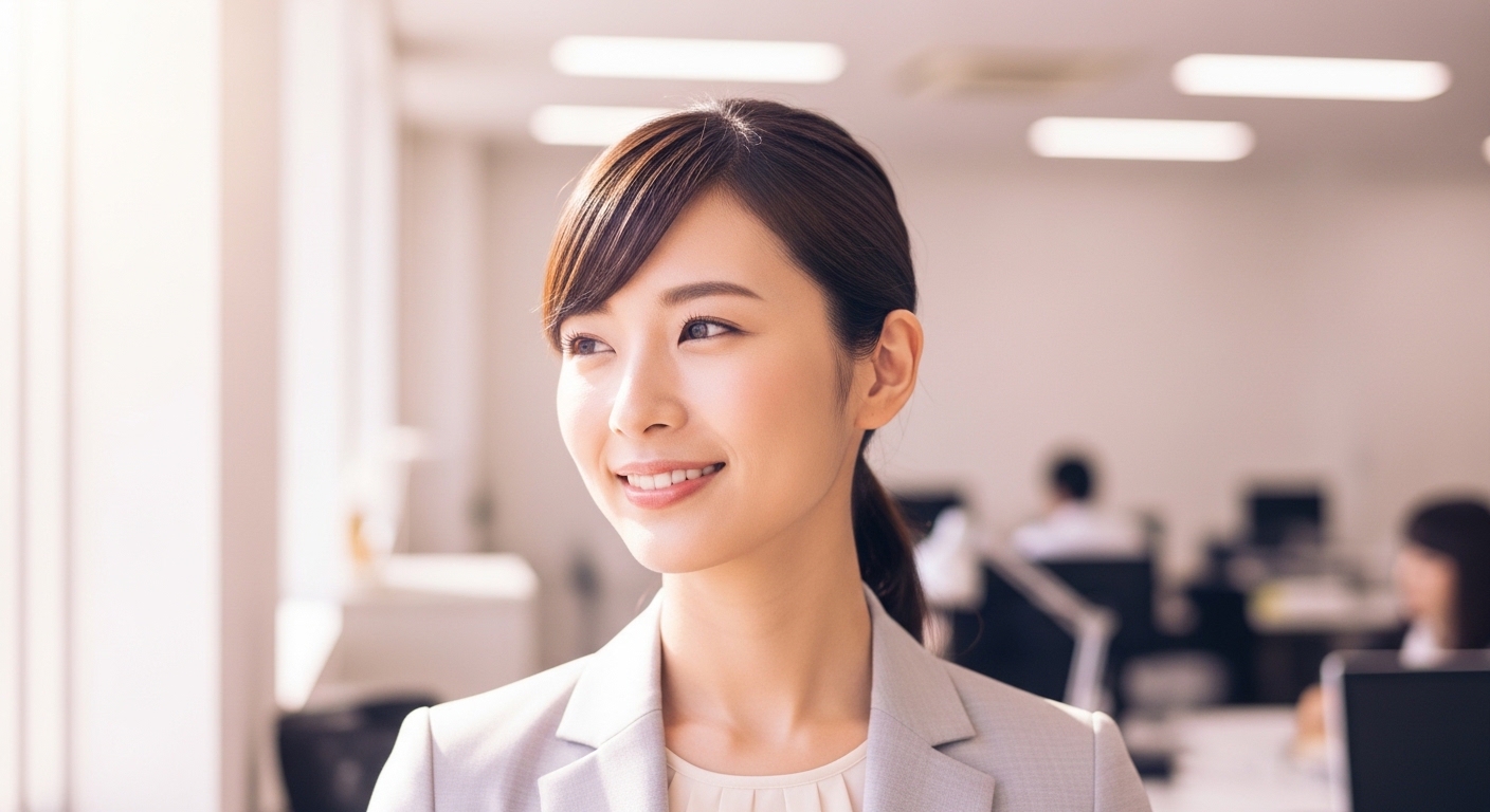 明るいオフィスで窓の外を眺めながら、新しいキャリアへの希望を抱く若手女性の様子