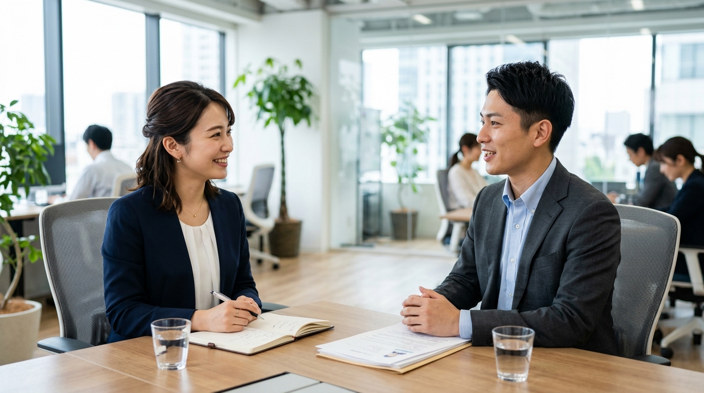 若手の人材コーディネーターが求職者と面談している様子。仕事内容を表現した明るいオフィス風景。