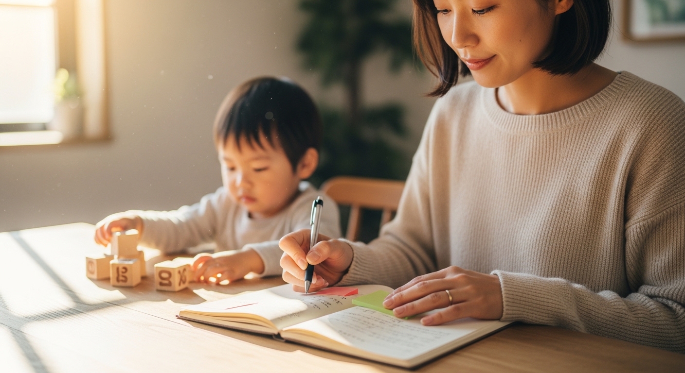 ノートにメモを取りながら自分の経験を整理する子育てママ。転職に向けた準備の様子。