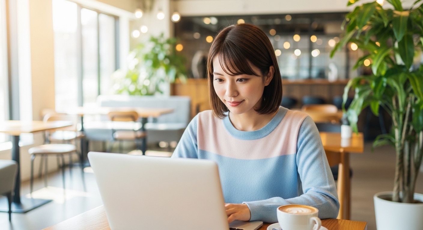 カフェのような明るい空間で、ノートパソコンを開きながら楽しそうに働く20代の女性