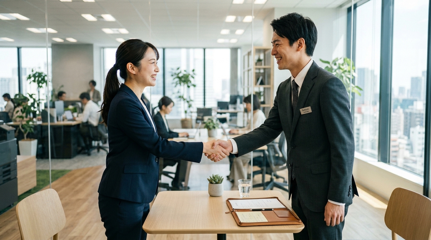 転職が決まり握手をする人材コーディネーターと求職者