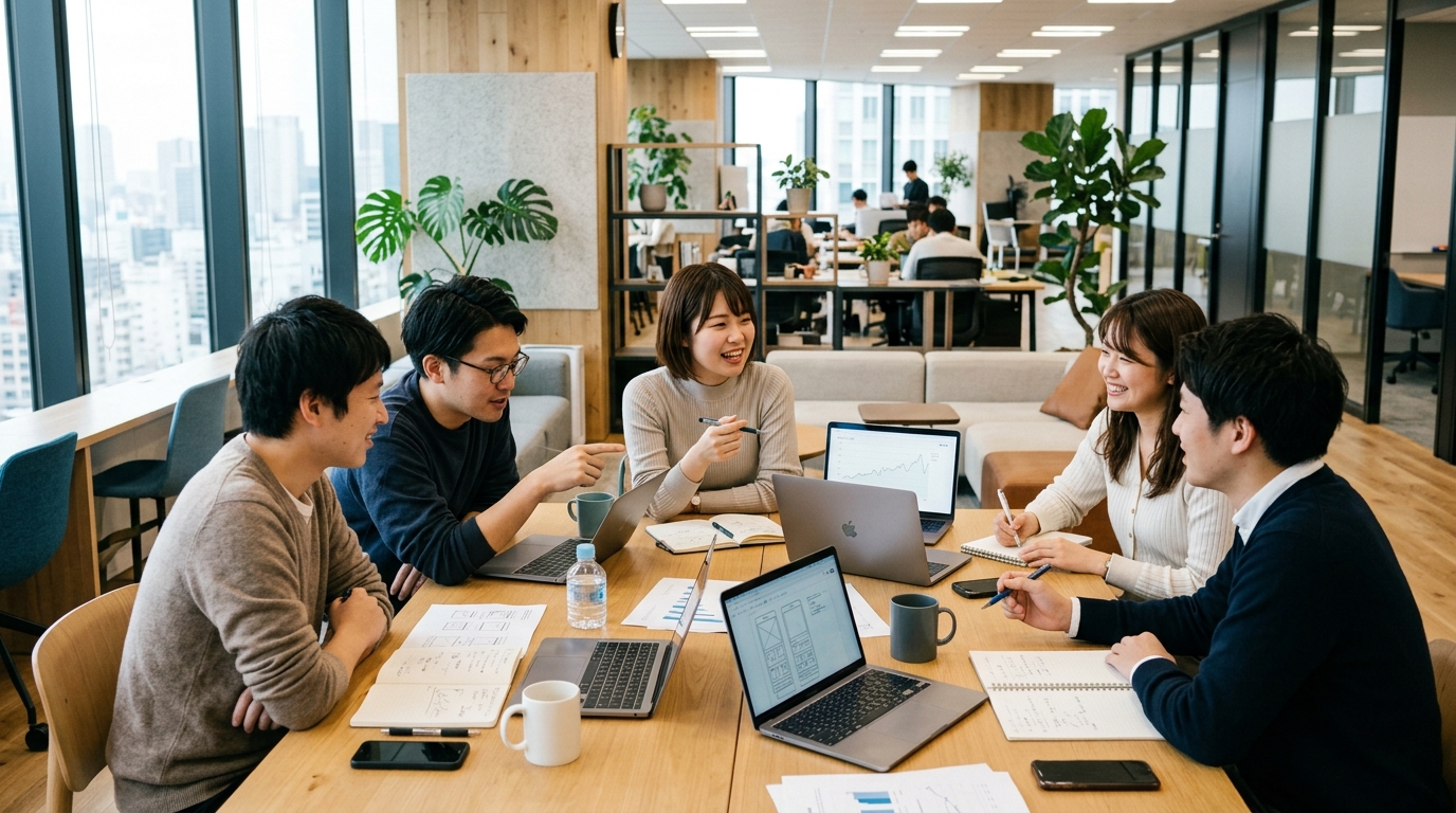 若手社員がチームで仕事をするオフィスの様子