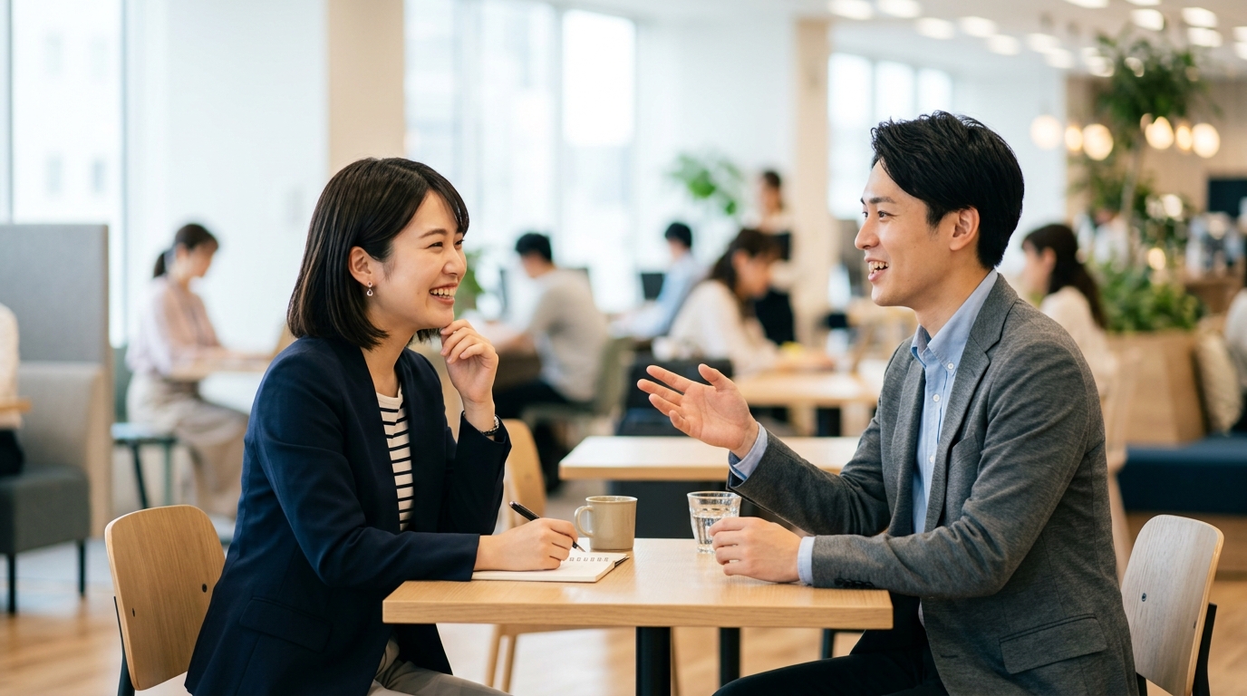 相手の話を聞きながら会話するビジネスパーソン