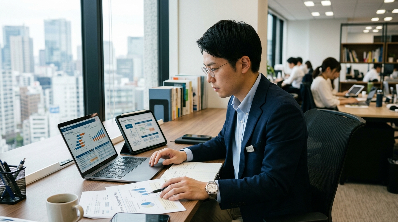 年収やキャリアアップについて資料を確認するビジネスパーソン