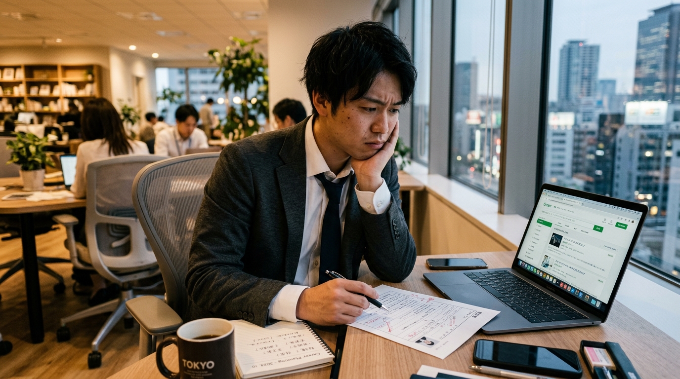 履歴書やパソコンを見ながら転職への不安を考える若手社会人