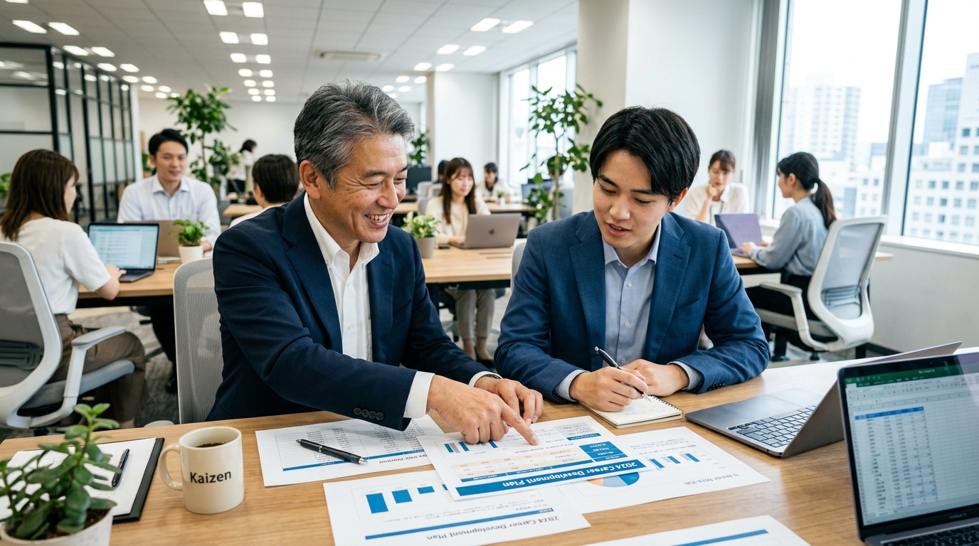 先輩社員が新人に仕事のポイントを教えているオフィスのシーン