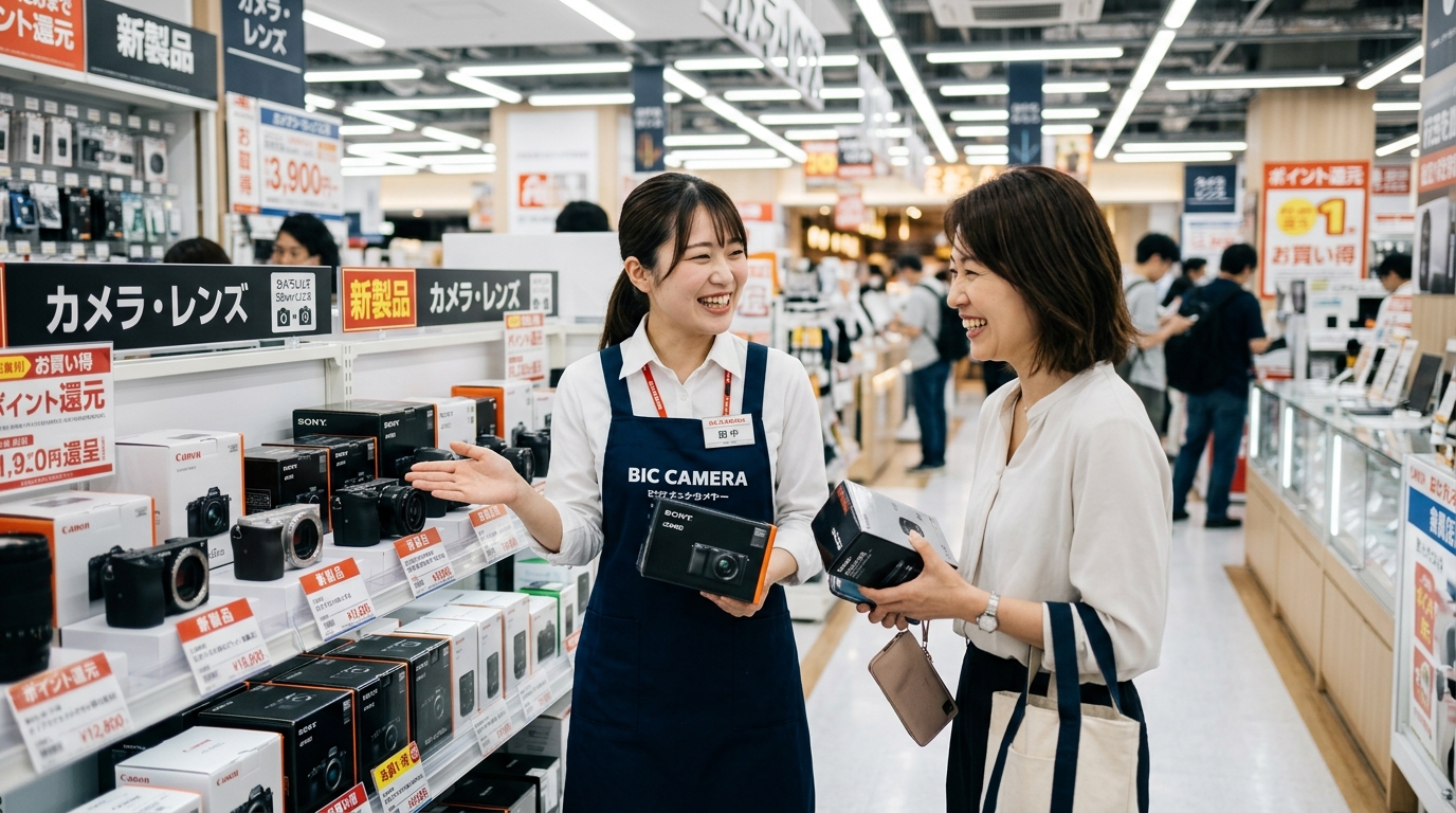 店舗でお客様に商品説明をして接客する販売スタッフ