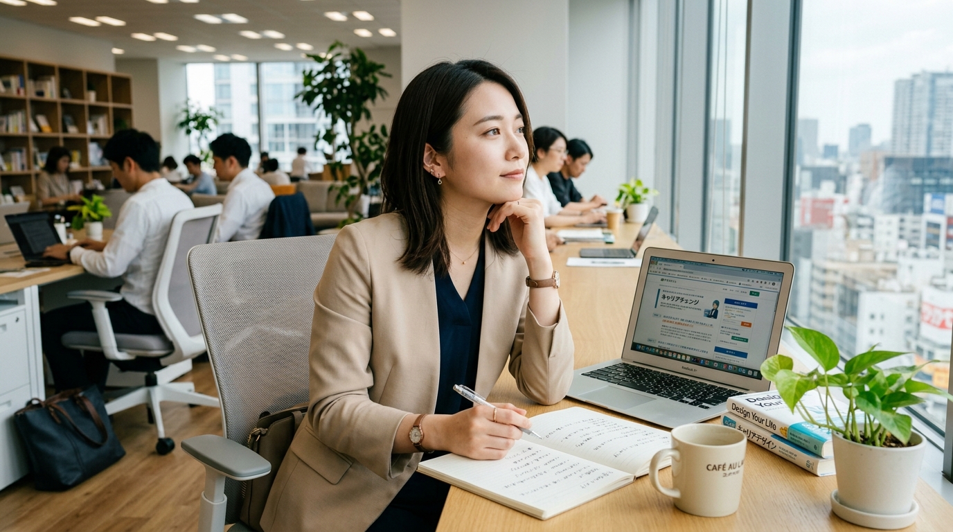 転職を考えながらノートとパソコンを見て悩む若手ビジネスパーソン