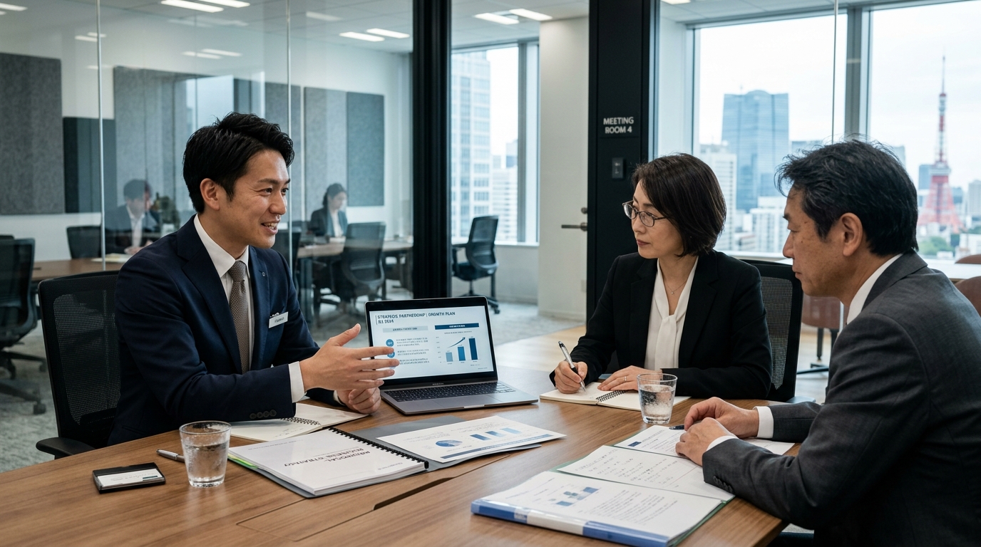 会議室で資料を使いながら顧客に提案する営業職の商談シーン