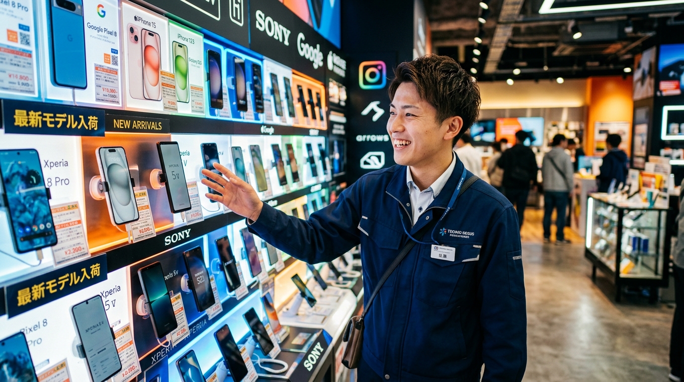 最新のスマートフォンやデジタル製品に囲まれ、いきいきと働くガジェット好きなスタッフ