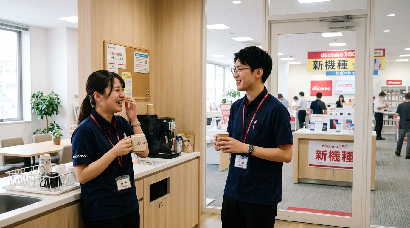 同世代の仲間と楽しく働く、スマホ販売店の若手スタッフたちのオフショット