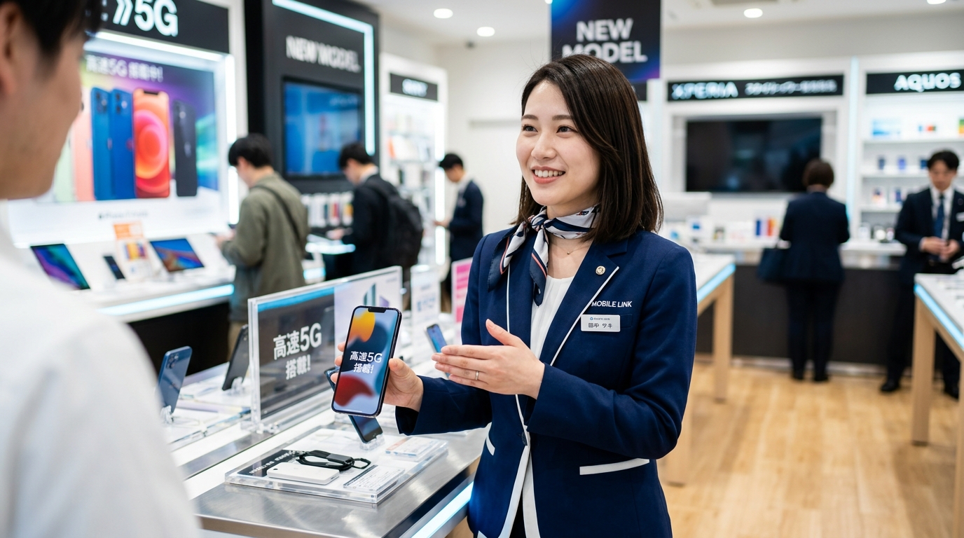 携帯ショップで最新のスマートフォンを手に、笑顔で接客を行う20代の女性スタッフ