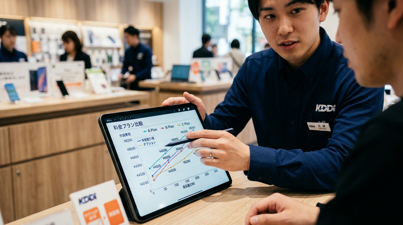 タブレットを使ってお客様に料金プランを分かりやすく解説する、スキルアップ中の販売スタッフ