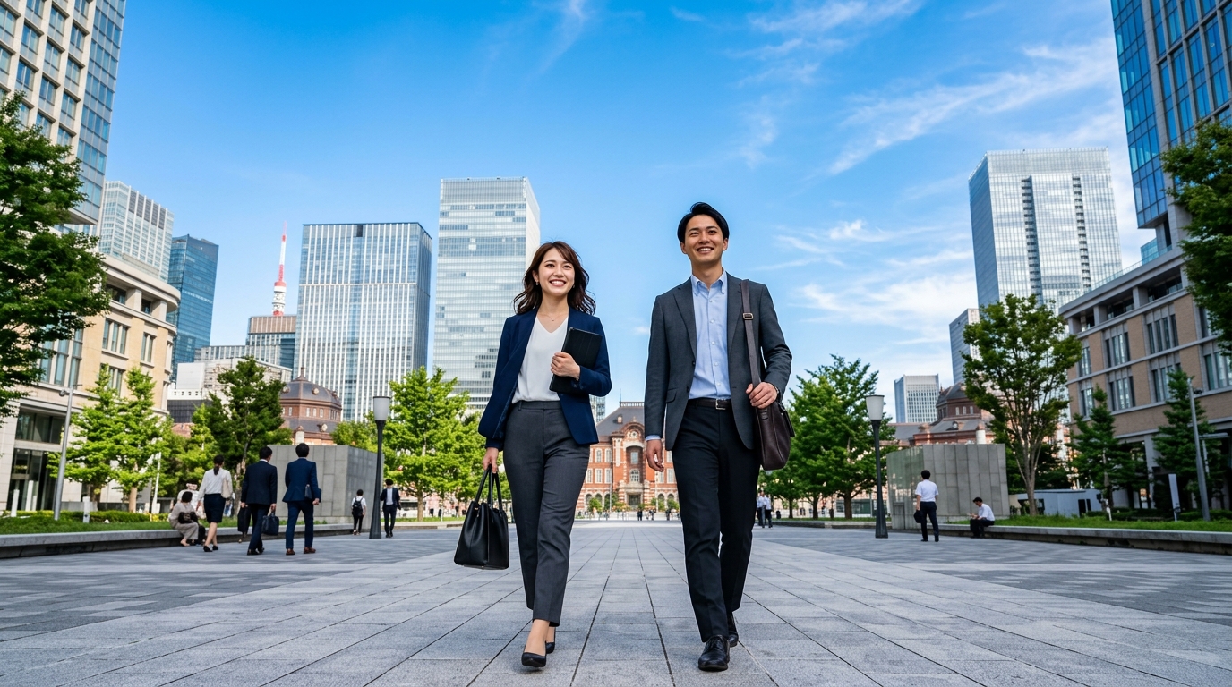 青空の下、未来に向かって歩き出すような爽やかな笑顔の20代男女。若手の転職成功を象徴する一枚