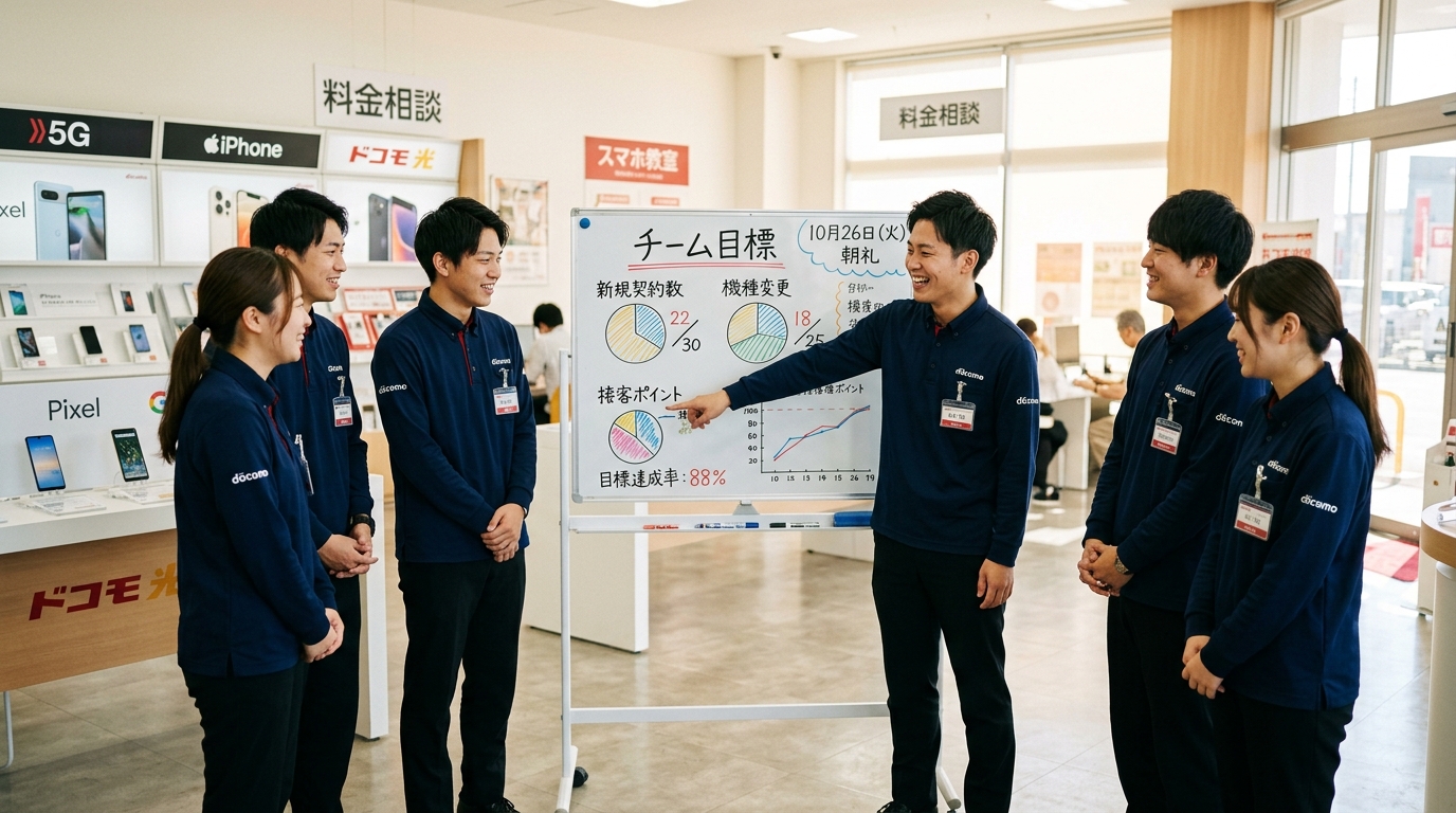 店舗の目標達成に向けて、笑顔で打ち合わせを行うスマホ販売店のスタッフたち